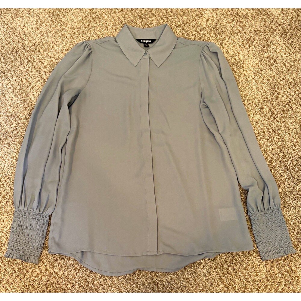 Express Women’s S Gray Collared Smocked Puff Sleeve Button Front Blouse